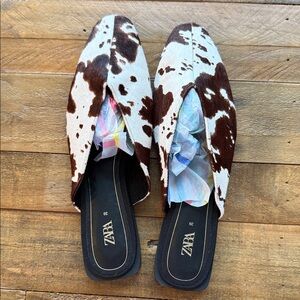 Zara Cowhide Pattern Mules in Brown and White